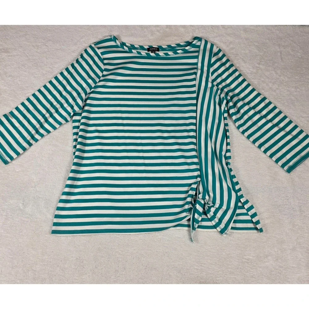 Jones New York Striped Knit Top Womens 1X Teal White Excellent Side Tie - Picture 1 of 8